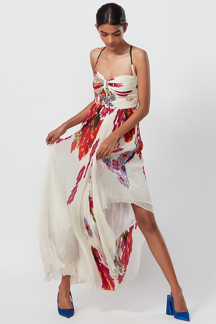 Ivory Chiffon Printed Cocktail Dress by Saaksha & Kinni at Pernia's Pop Up Shop