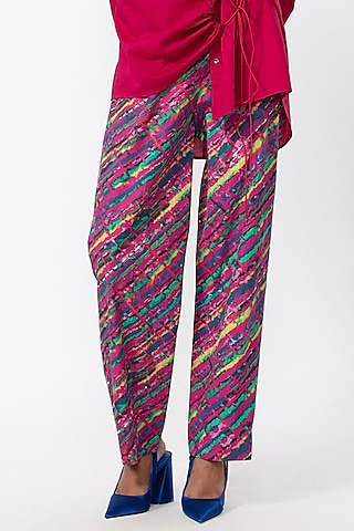 Purple Cambric Cotton Printed Trousers by Saaksha & Kinni