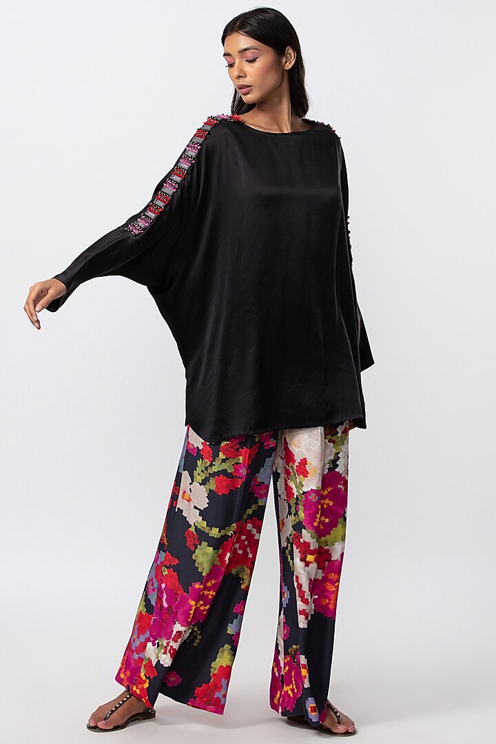 Black Silk Hand Embroidered Blouse by Saaksha & Kinni at Pernia's Pop Up Shop