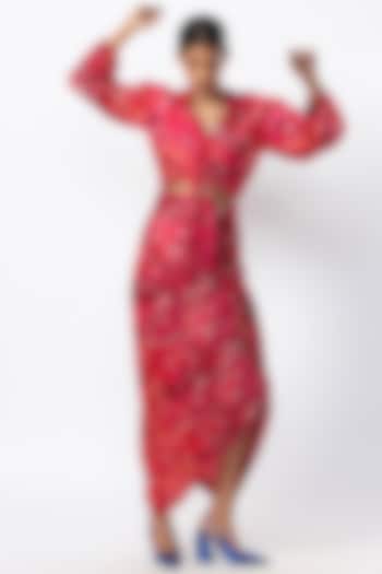 Red Cotton Silk Floral Printed Skirt Set by Saaksha & Kinni