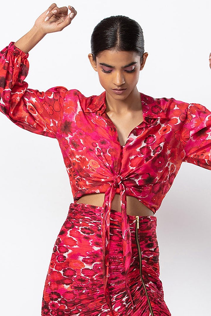 Red Cotton Silk Floral Printed Shirt by Saaksha & Kinni at Pernia's Pop Up Shop