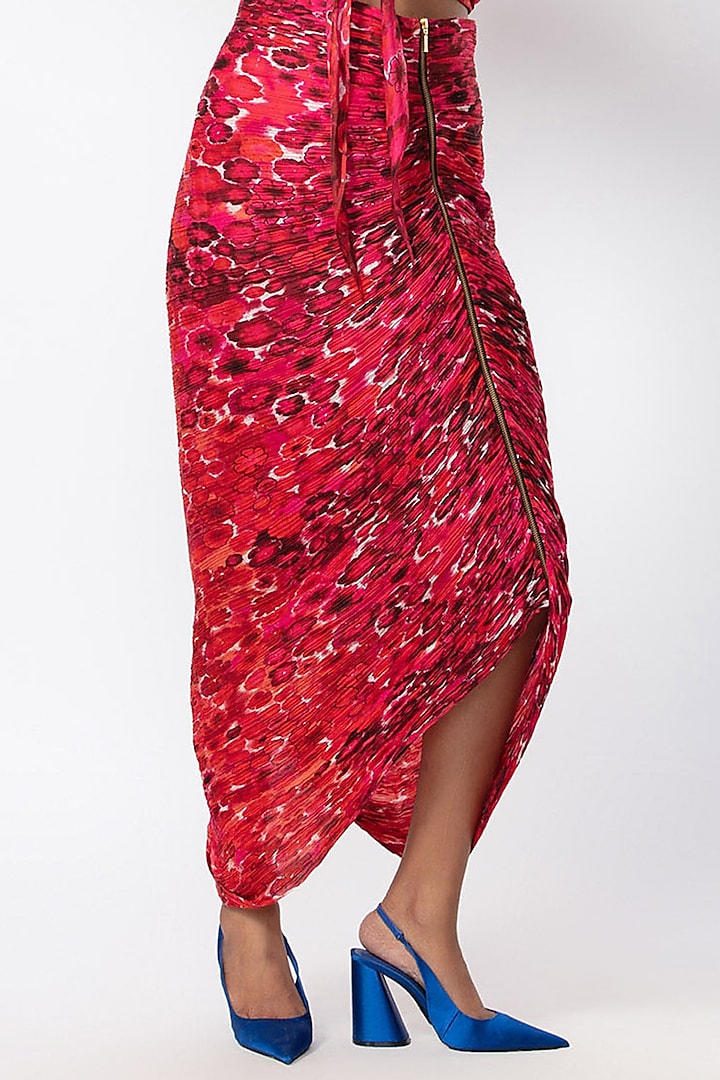 Red Cotton Silk Floral Printed Skirt by Saaksha & Kinni
