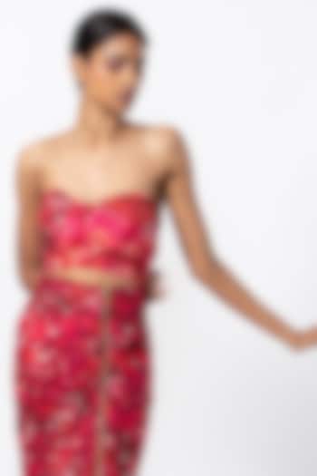 Red & Pink Chiffon Floral Printed Strapless Bustier by Saaksha & Kinni