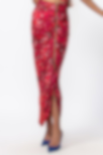 Red & Pink Cotton Silk Floral Printed Skirt by Saaksha & Kinni