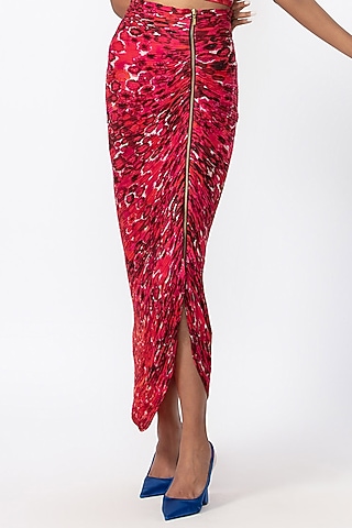 Red & Pink Cotton Silk Floral Printed Skirt by Saaksha & Kinni