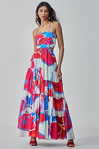 Pink & Red Cambric Tiered Maxi Dress by Saaksha & Kinni