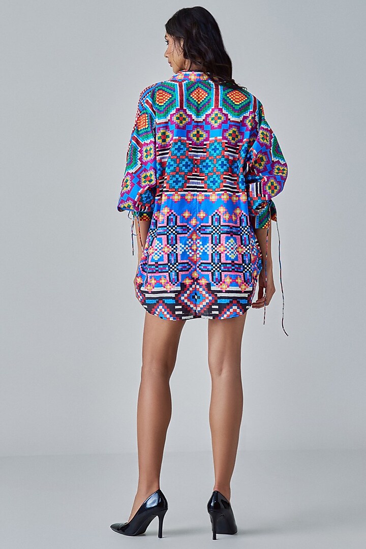Blue & Multi-Colored Cambric Ikat Printed Co-Ord Set by Saaksha & Kinni at Pernia's Pop Up Shop