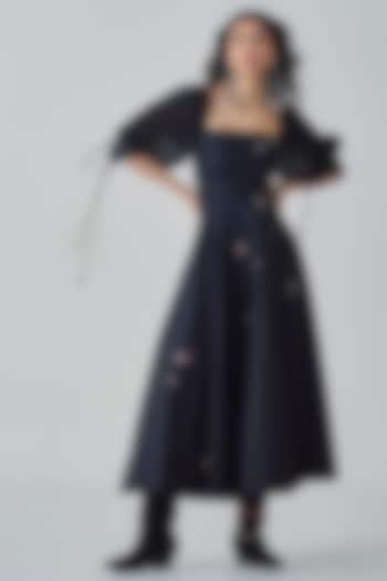 Black Poplin & Chiffon Hand Embroidered Flared Maxi Dress by Saaksha & Kinni
