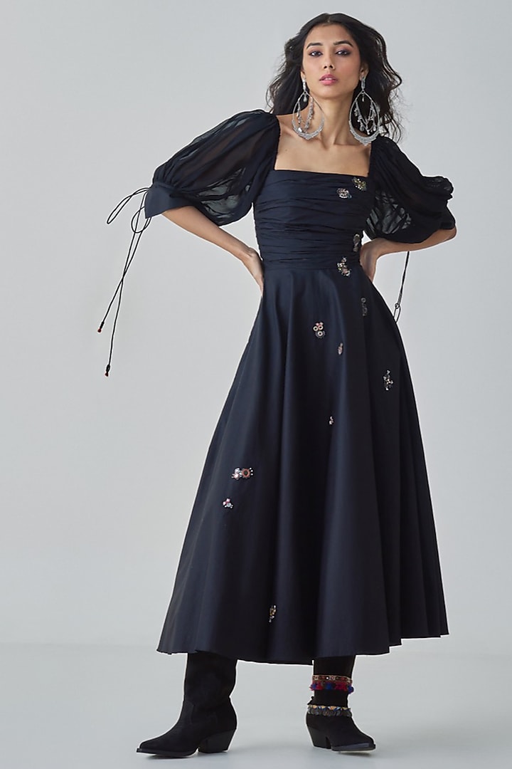 Black Poplin & Chiffon Hand Embroidered Flared Maxi Dress by Saaksha & Kinni