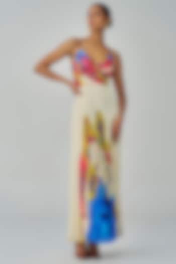 Ivory & Multi-Colored Chiffon Floral Printed Maxi Dress by Saaksha & Kinni