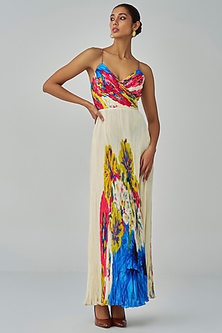 Ivory & Multi-Colored Chiffon Floral Printed Maxi Dress by Saaksha & Kinni