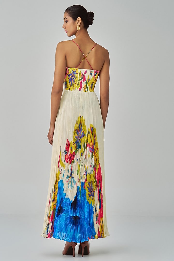 Ivory & Multi-Colored Chiffon Floral Printed Maxi Cocktail Dress by Saaksha & Kinni at Pernia's Pop Up Shop