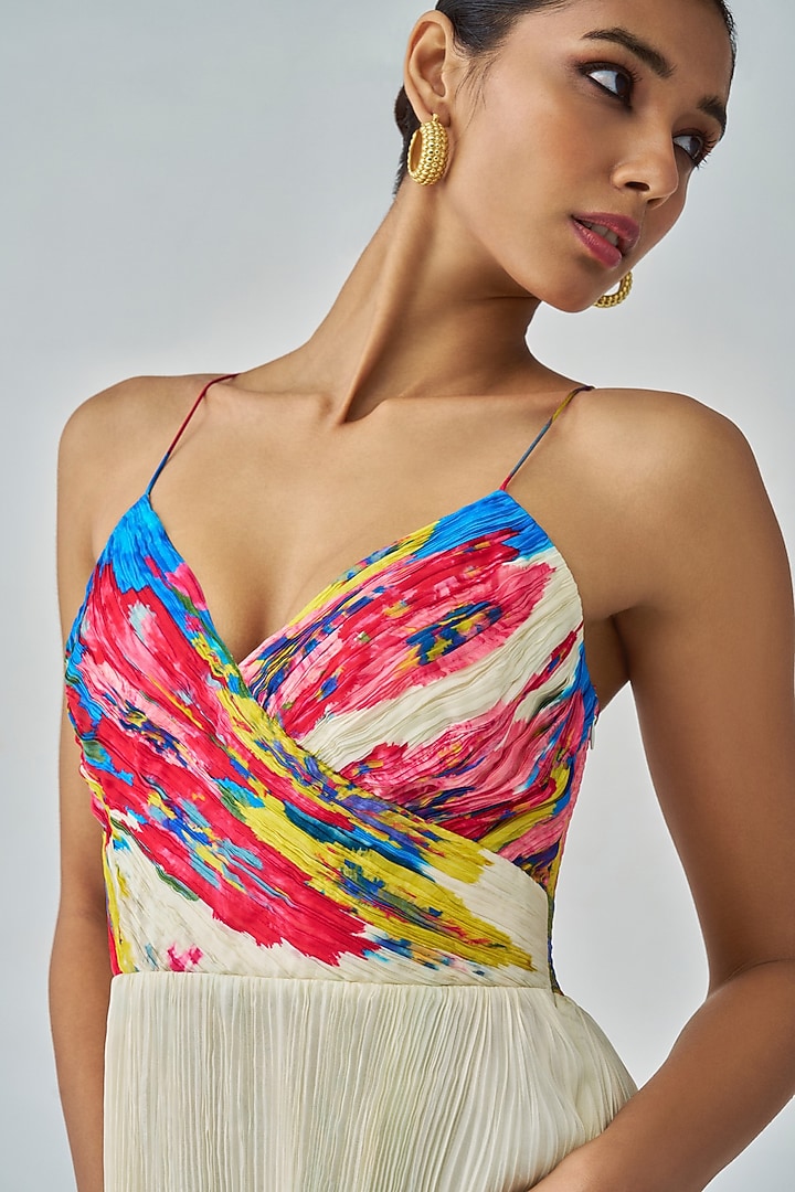 Ivory & Multi-Colored Chiffon Floral Printed Maxi Cocktail Dress by Saaksha & Kinni at Pernia's Pop Up Shop