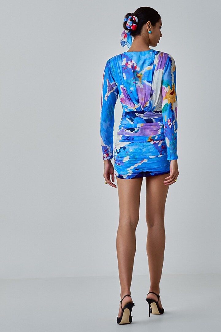 Blue Chiffon Ikat Printed Mini Vacation Dress by Saaksha & Kinni at Pernia's Pop Up Shop