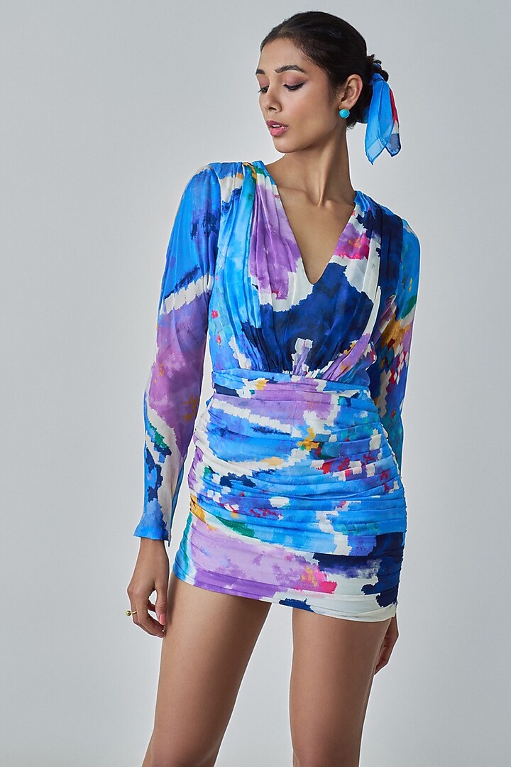 Blue Chiffon Ikat Printed Mini Vacation Dress by Saaksha & Kinni at Pernia's Pop Up Shop