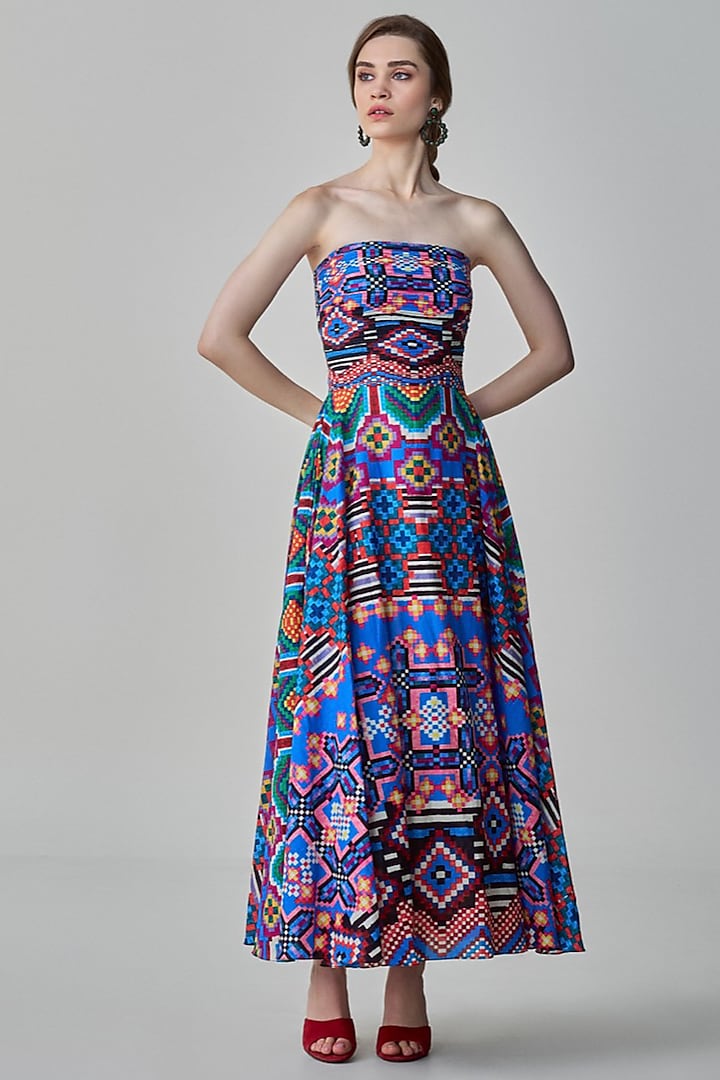 Multi-Colored Cambric Ikat Printed Maxi Dress by Saaksha & Kinni at Pernia's Pop Up Shop