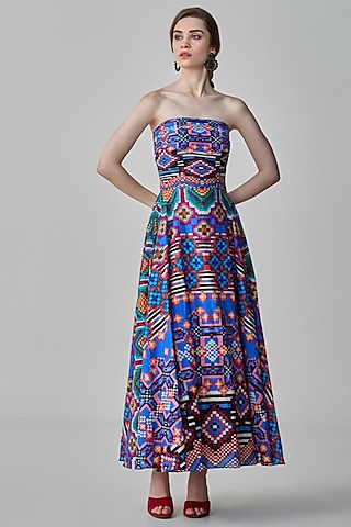 Multi-Colored Cambric Ikat Printed Maxi Dress by Saaksha & Kinni