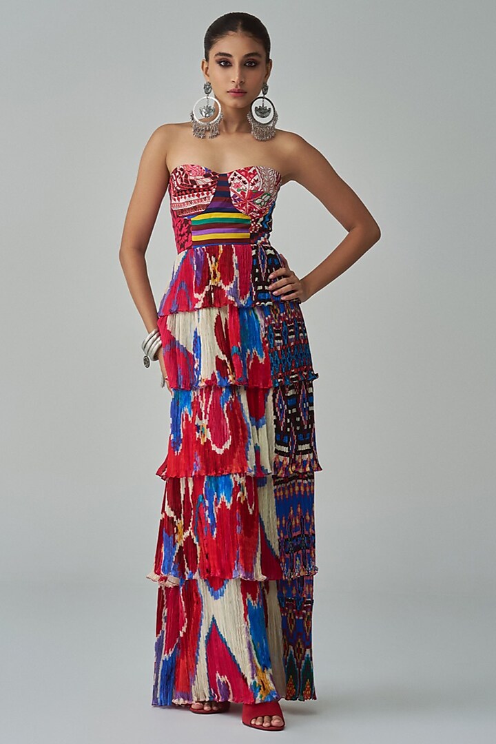 Multi-Colored Habutai & Satin Abstract Printed Tiered Maxi Dress by Saaksha & Kinni at Pernia's Pop Up Shop