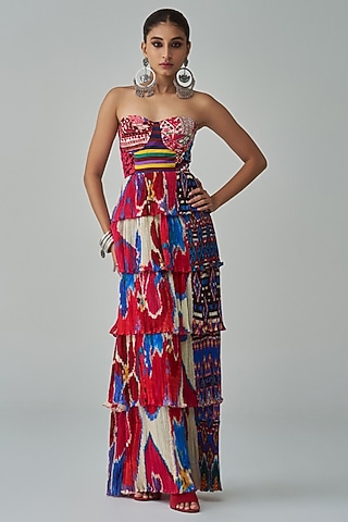 Multi-Colored Habutai & Satin Abstract Printed Tiered Maxi Dress by Saaksha & Kinni