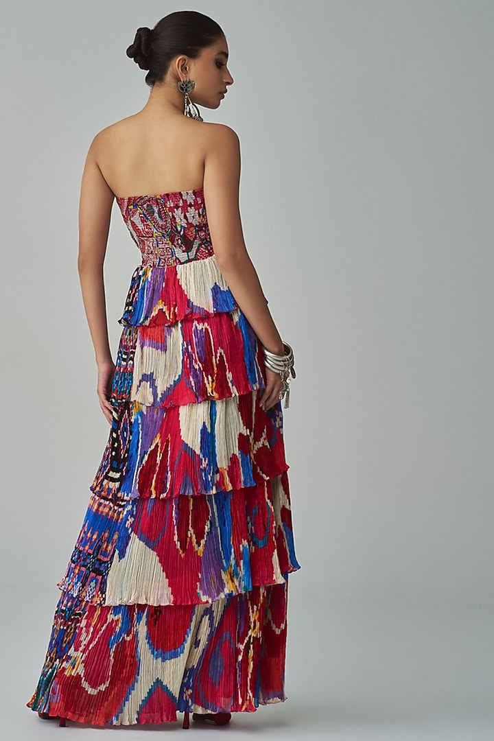 Multi-Colored Habutai & Satin Abstract Printed Tiered Maxi Cocktail Dress by Saaksha & Kinni at Pernia's Pop Up Shop