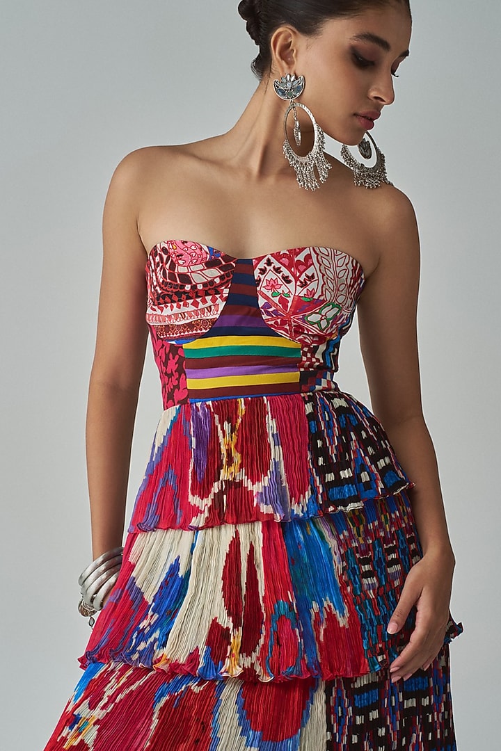 Multi-Colored Habutai & Satin Abstract Printed Tiered Maxi Cocktail Dress by Saaksha & Kinni at Pernia's Pop Up Shop
