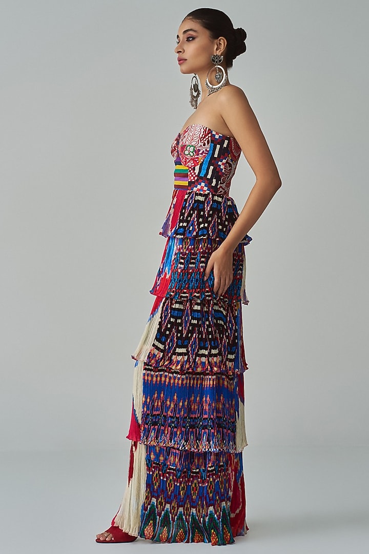 Multi-Colored Habutai & Satin Abstract Printed Tiered Maxi Cocktail Dress by Saaksha & Kinni at Pernia's Pop Up Shop