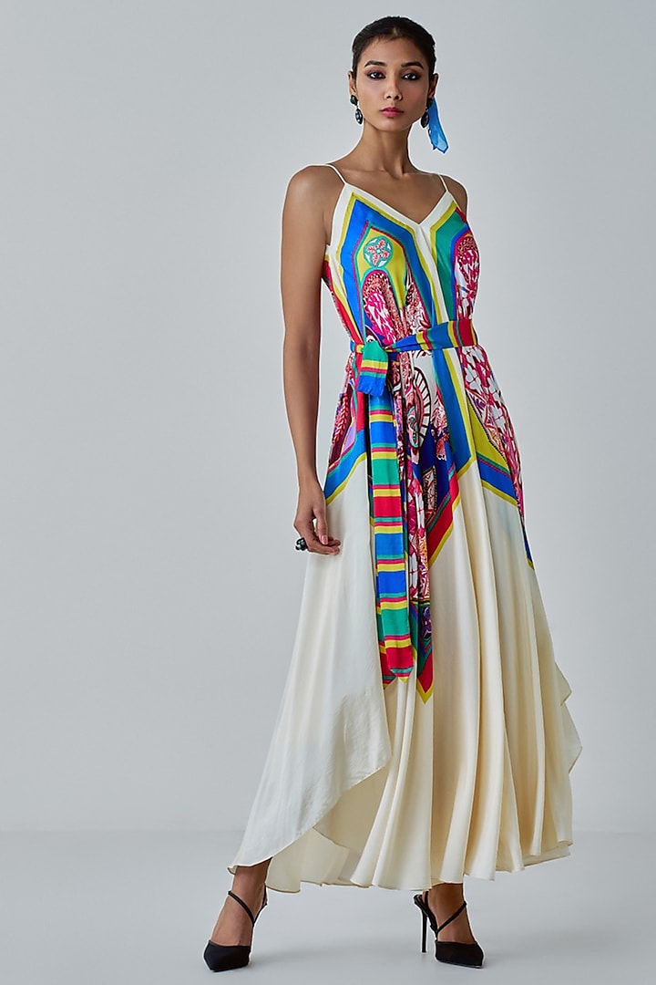 Ivory & Multi-Colored Habutai Paisley Printed Asymmetrical Maxi Dress by Saaksha & Kinni