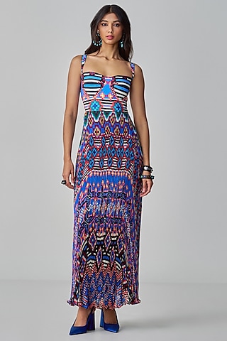 Blue & Multi-Colored Satin Ikat Printed Maxi Dress by Saaksha & Kinni