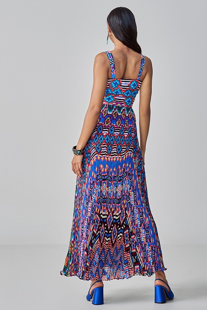 Blue & Multi-Colored Satin Ikat Printed Maxi Vacation Dress by Saaksha & Kinni at Pernia's Pop Up Shop
