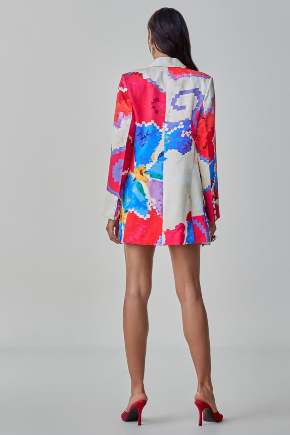 Pink Red Chiffon Ikat Printed Blazer Dress by Saaksha Kinni at