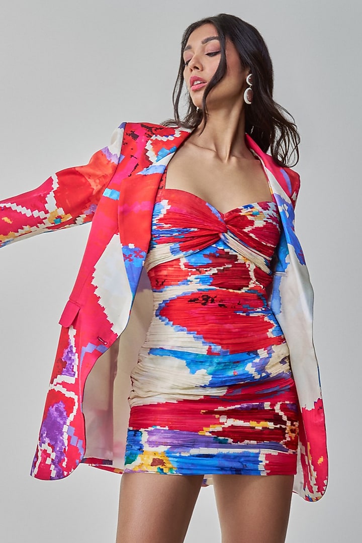 Pink & Red Chiffon Ikat Printed Blazer Party Wear Dress by Saaksha & Kinni at Pernia's Pop Up Shop