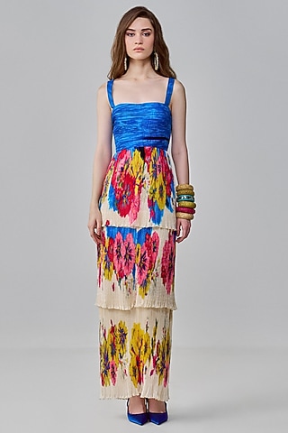 Multi-Colored Chiffon Floral Printed Tiered Maxi Dress by Saaksha & Kinni