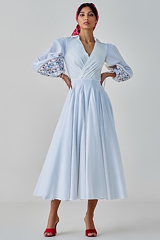 White Cambric & Poplin Hand Embroidered Wrap Style Midi Dress by Saaksha & Kinni