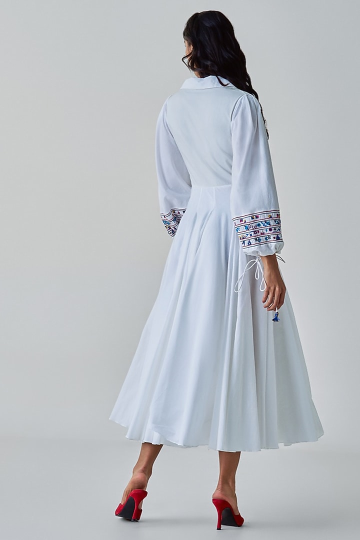 White Cambric & Poplin Hand Embroidered Wrap Style Midi Vacation Dress by Saaksha & Kinni at Pernia's Pop Up Shop