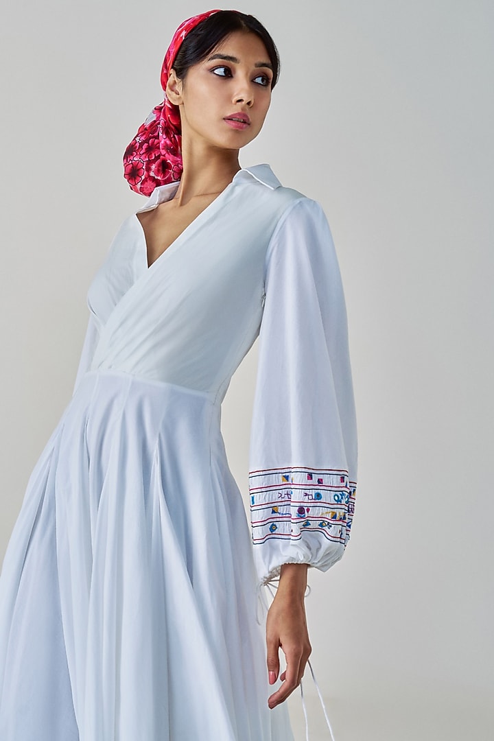 White Cambric & Poplin Hand Embroidered Wrap Style Midi Vacation Dress by Saaksha & Kinni at Pernia's Pop Up Shop