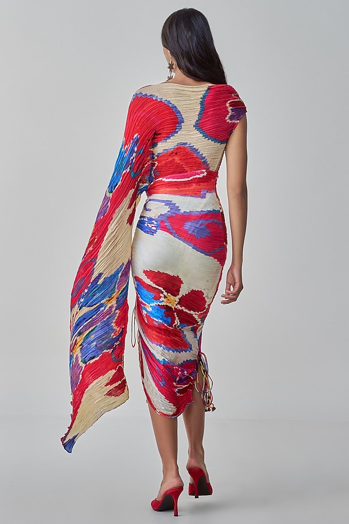 Pink & Red Polyester Ikat Printed Midi Vacation Dress by Saaksha & Kinni at Pernia's Pop Up Shop