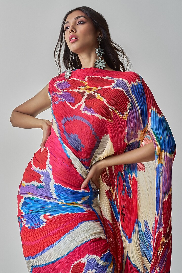 Pink & Red Polyester Ikat Printed Midi Vacation Dress by Saaksha & Kinni at Pernia's Pop Up Shop