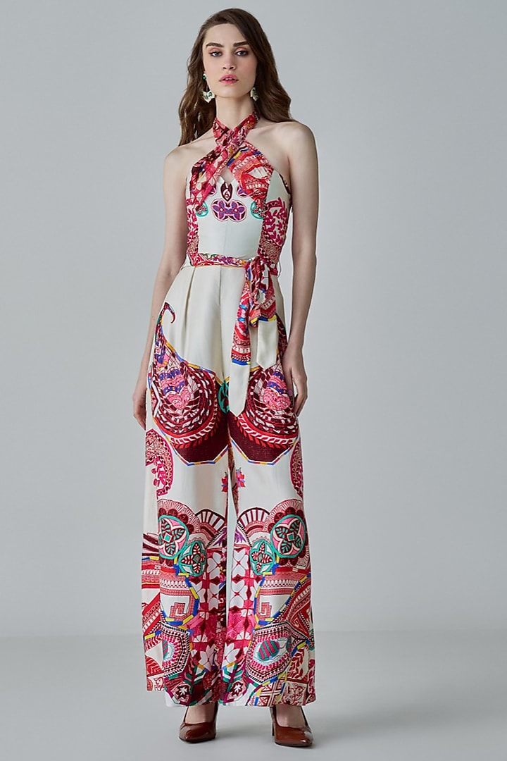 Ivory & Multi-Colored Satin Paisley Printed Jumpsuit With Belt by Saaksha & Kinni