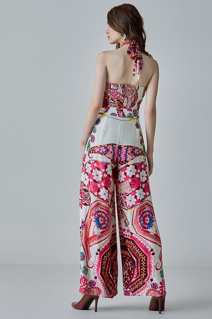 Ivory & Multi-Colored Satin Paisley Printed Jumpsuit With Belt by Saaksha & Kinni at Pernia's Pop Up Shop