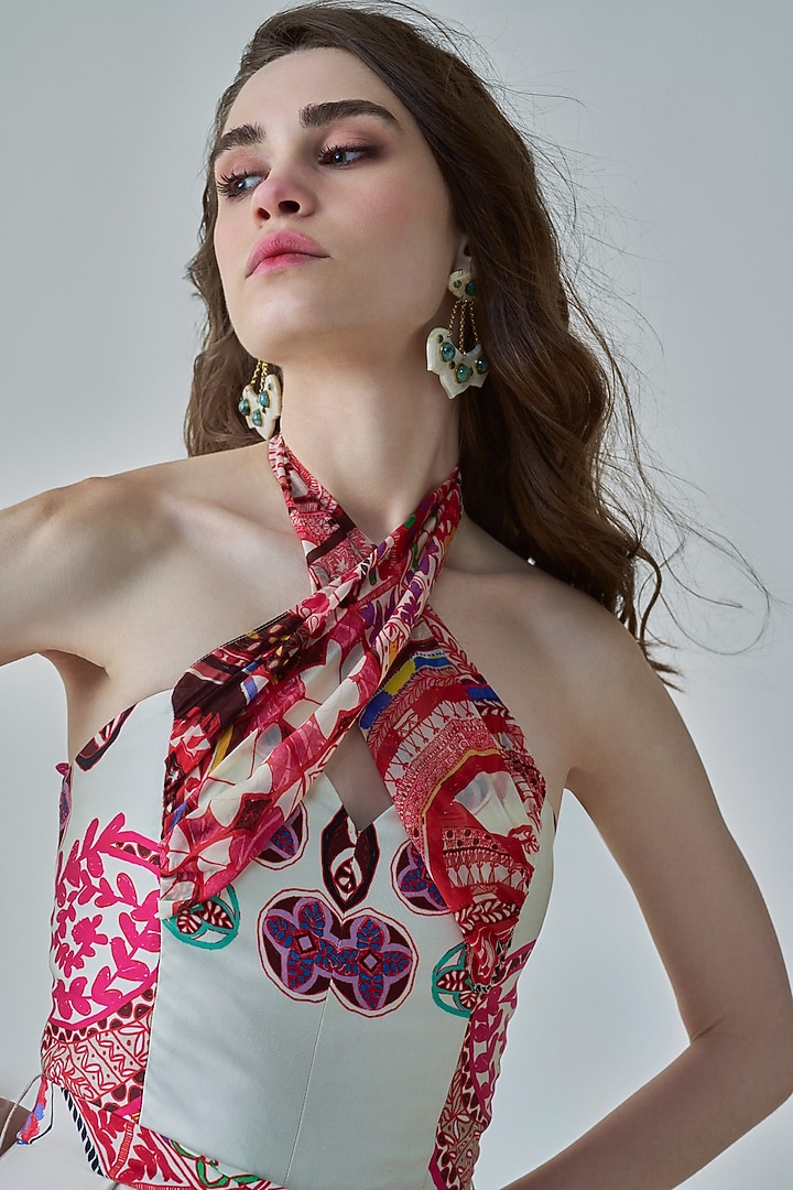 Ivory & Multi-Colored Satin Paisley Printed Jumpsuit With Belt by Saaksha & Kinni at Pernia's Pop Up Shop