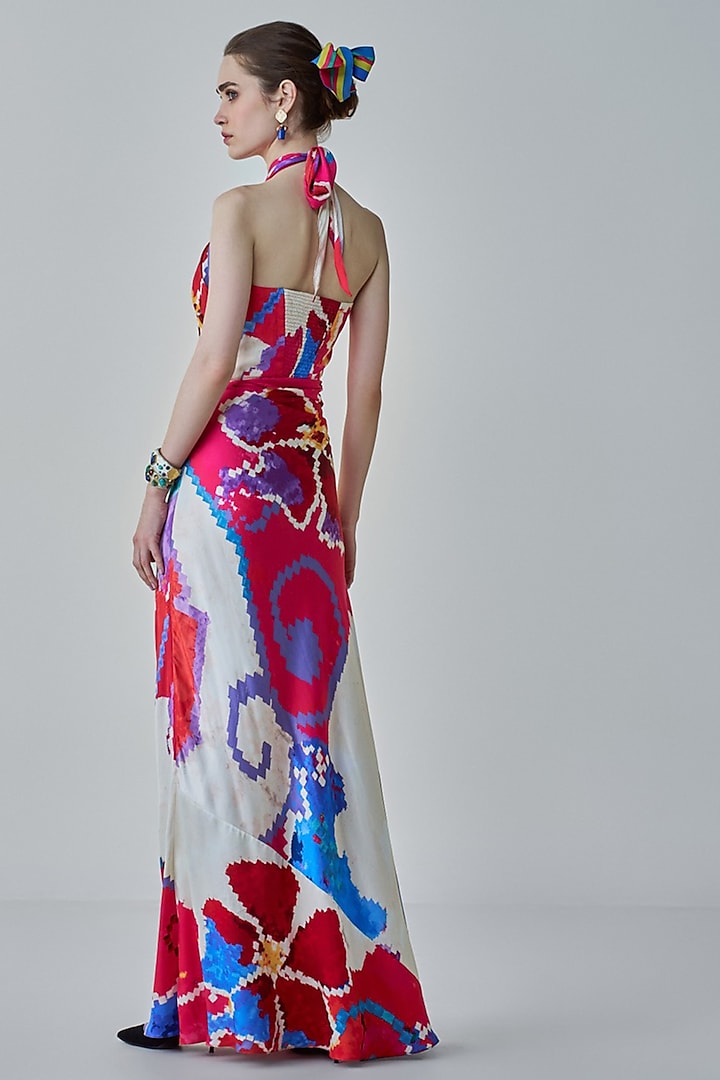 Pink & Red Satin Ikat Printed Maxi Vacation Dress by Saaksha & Kinni at Pernia's Pop Up Shop
