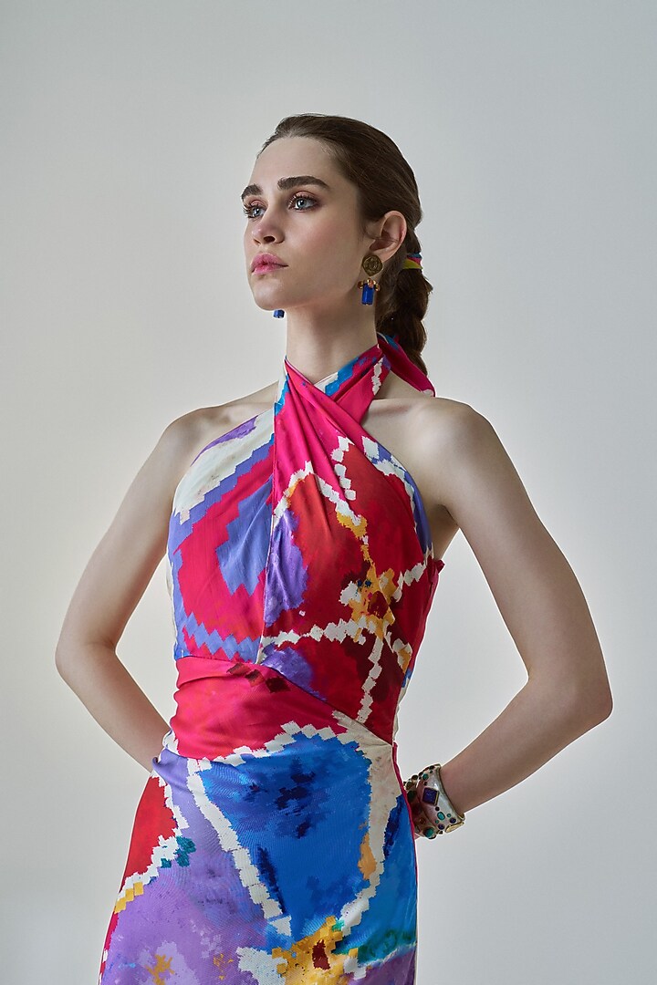 Pink & Red Satin Ikat Printed Maxi Vacation Dress by Saaksha & Kinni at Pernia's Pop Up Shop