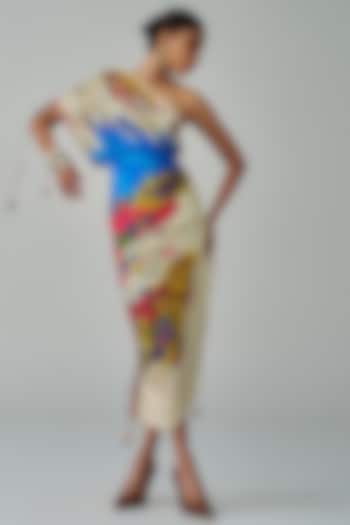 Ivory & Multi-Colored Cotton Silk Floral Printed One-Shoulder Midi Dress by Saaksha & Kinni