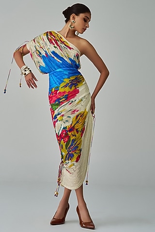 Ivory & Multi-Colored Cotton Silk Floral Printed One-Shoulder Midi Dress by Saaksha & Kinni