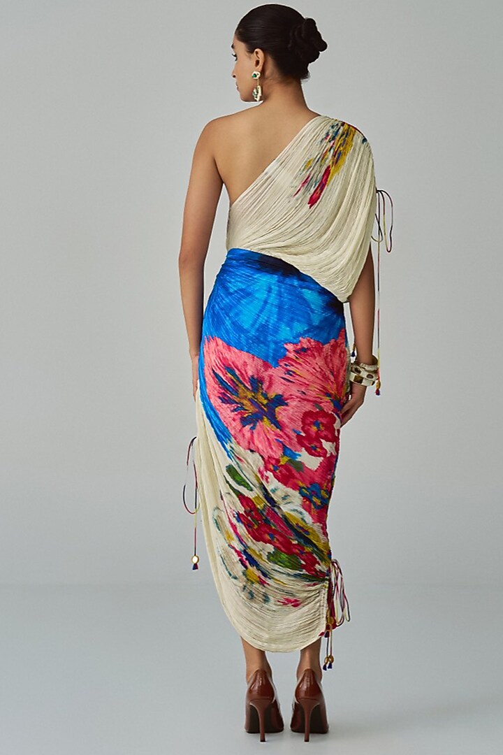 Ivory & Multi-Colored Cotton Silk Floral Printed One-Shoulder Midi Vacation Dress by Saaksha & Kinni at Pernia's Pop Up Shop