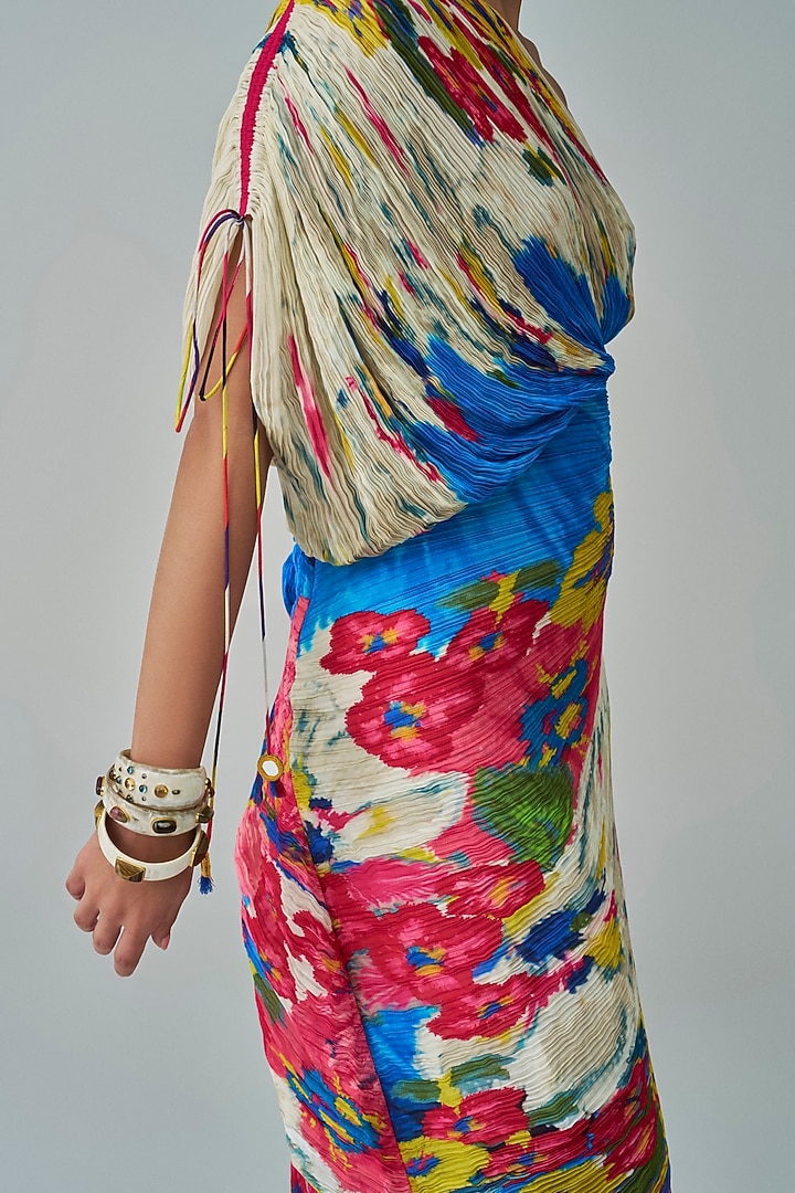 Ivory & Multi-Colored Cotton Silk Floral Printed One-Shoulder Midi Vacation Dress by Saaksha & Kinni at Pernia's Pop Up Shop