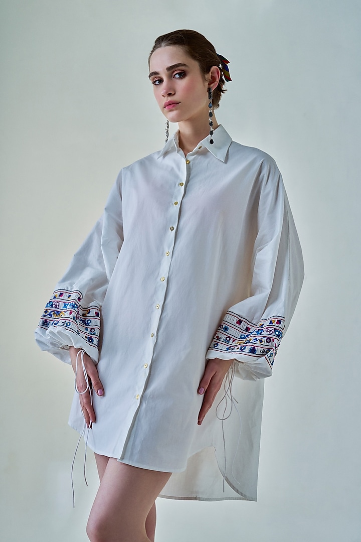 White Poplin Mirror Hand Embroidered Oversized Shirt by Saaksha & Kinni