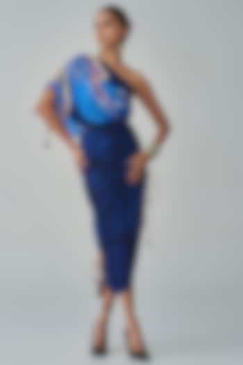 Blue Cotton Silk Ikat Printed One-Shoulder Midi Dress by Saaksha & Kinni