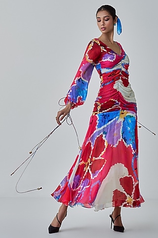 Pink & Red Satin Ikat Printed Maxi Dress by Saaksha & Kinni