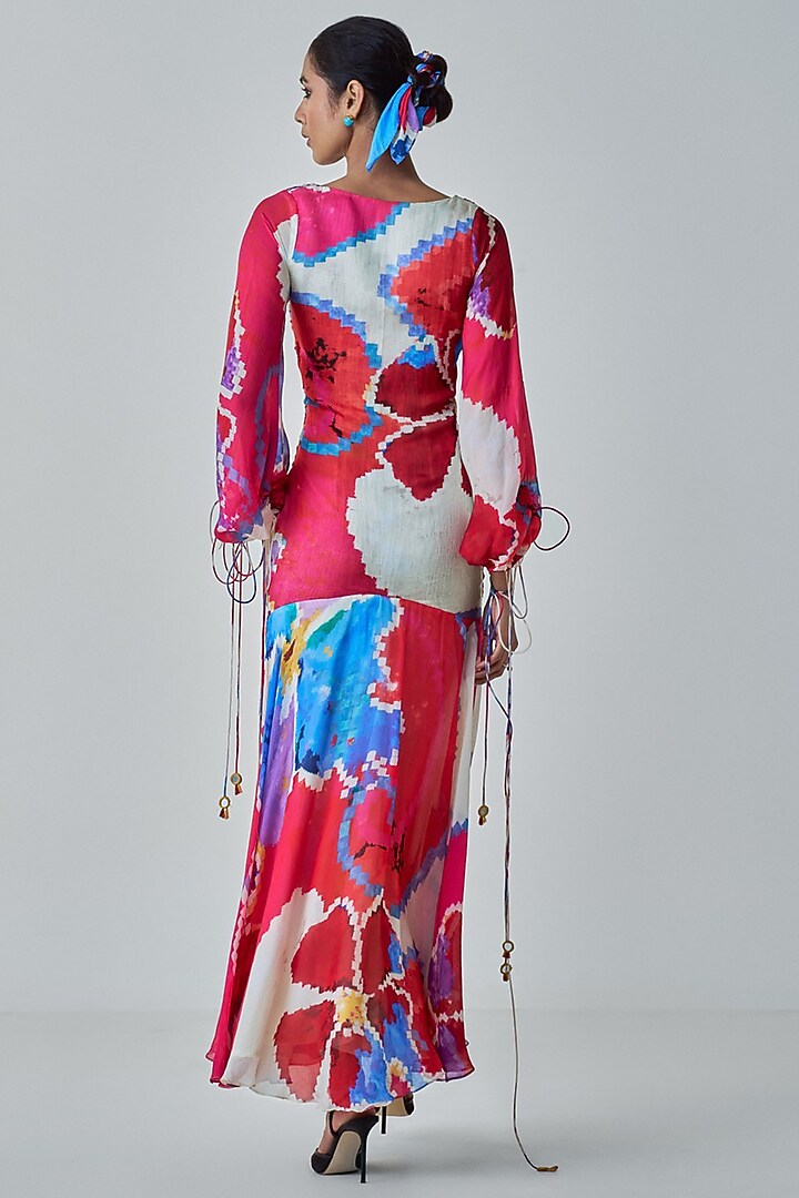 Pink & Red Satin Ikat Printed Maxi Vacation Dress by Saaksha & Kinni at Pernia's Pop Up Shop